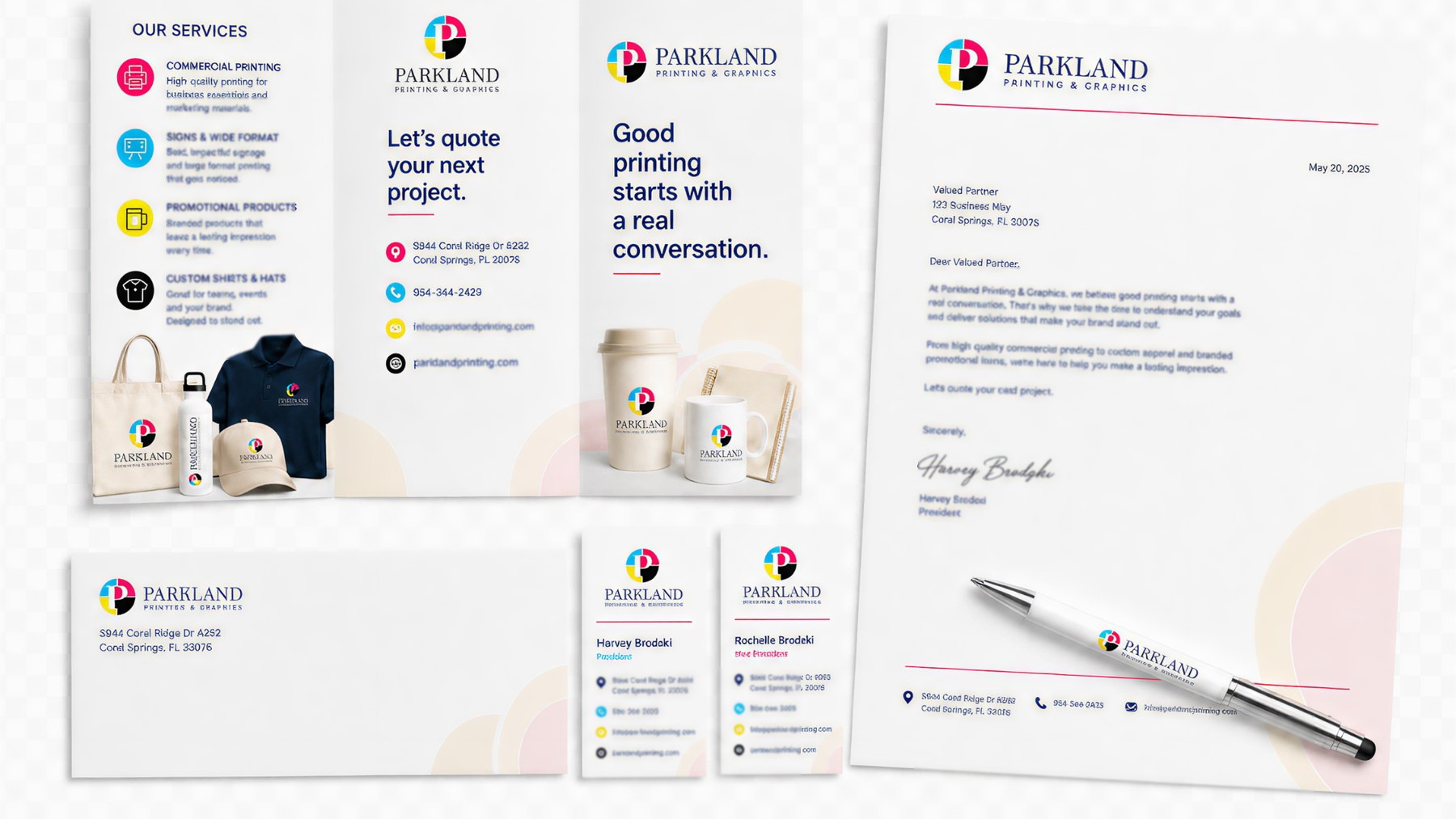 A coordinated collection of business cards, brochures, letterhead and envelopes