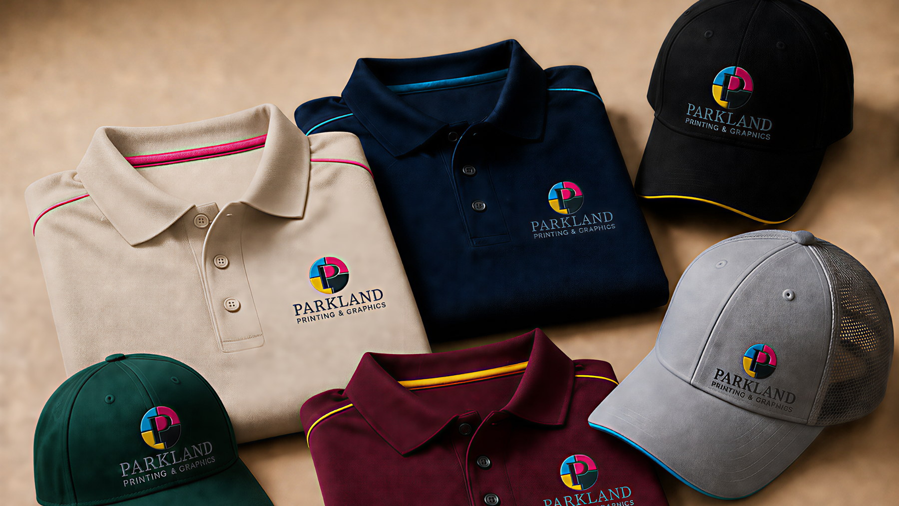 Custom embroidered polo shirts and hats arranged in a modern apparel studio