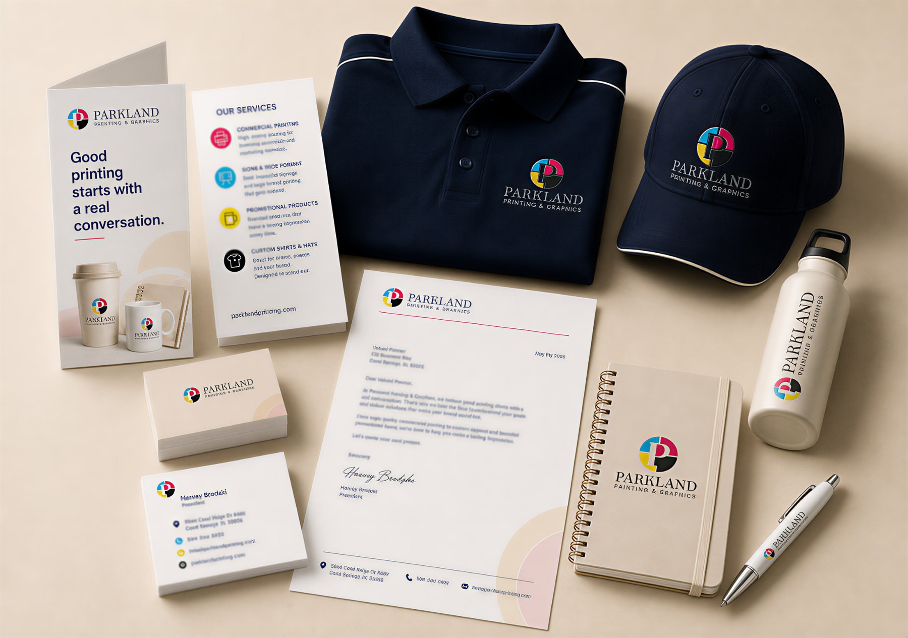 Branded print, apparel, drinkware and stationery arranged as a Parkland Printing & Graphics showcase