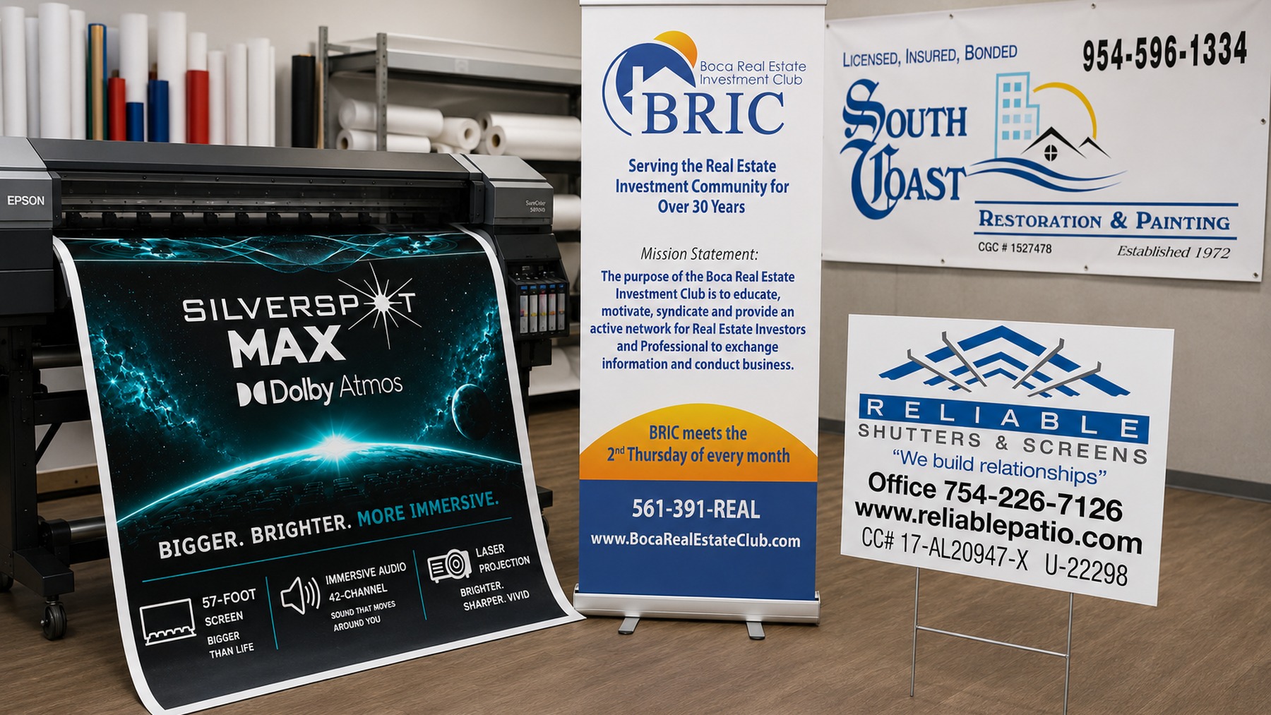 Posters, signs, banners available from Parkland Printing in Palm Beach, Broward and Dade counties.
